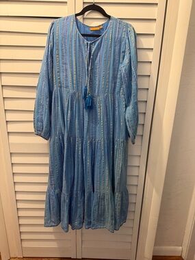 Oliphant 3-tiered Midi dress, Light blue with Sparkly Stipe Highlights. Size S